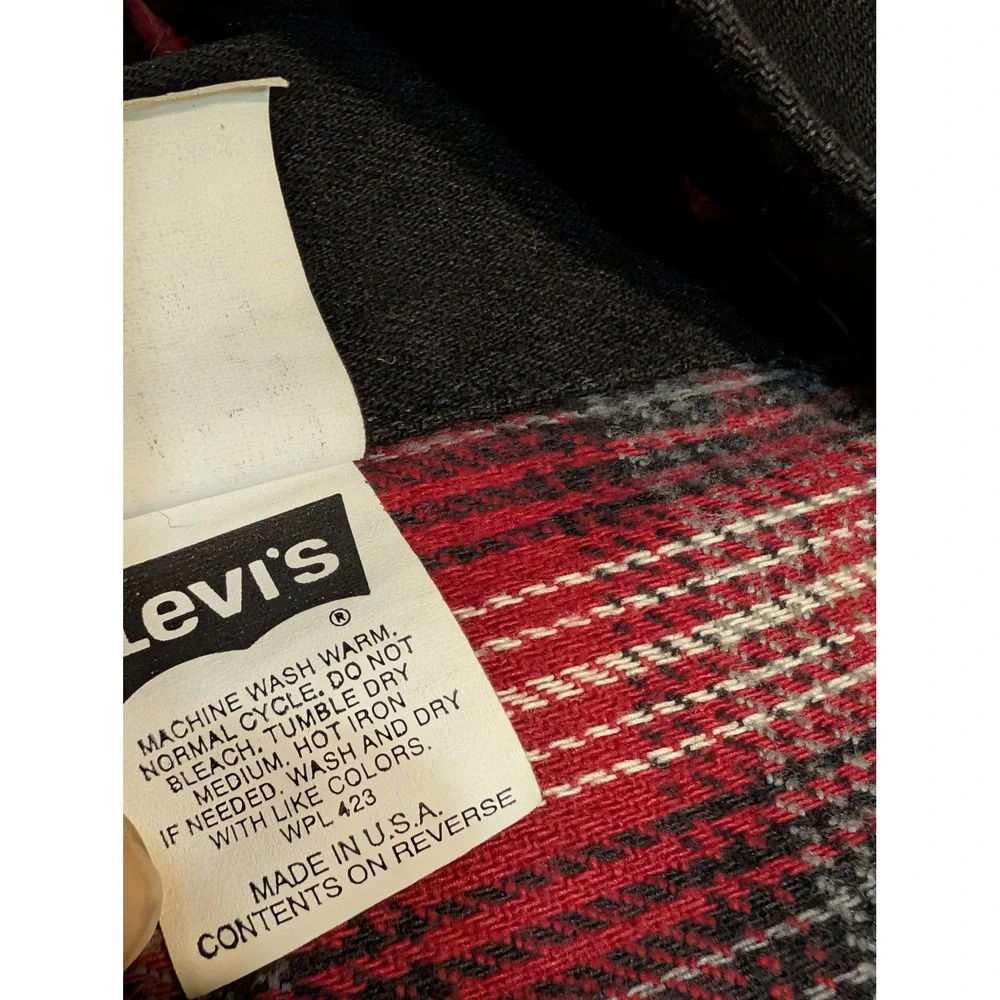 Levis 70699-4159 Black Trucker Jacket Plaid Flannel Lined Large 90s USA Made - Picture 9 of 9